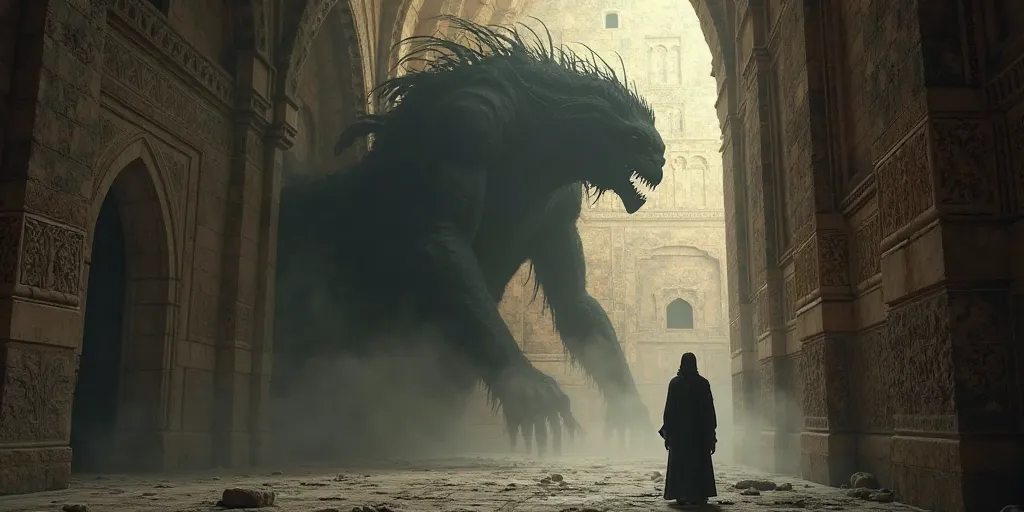 
A massive shadowy creature, its silhouette cast on an ancient Persian stone wall with intricate carvings, dim lighting, mist in the air, sense of fear and mystery, high cinematic quality, historical fantasy style

