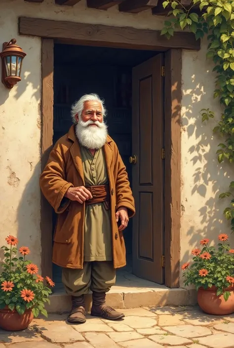 3. **Old Man's House:**  
   "An old man with a white beard standing at the door of his house. He smiles as he sees the traveler. The exterior of the house is simple but clean."
