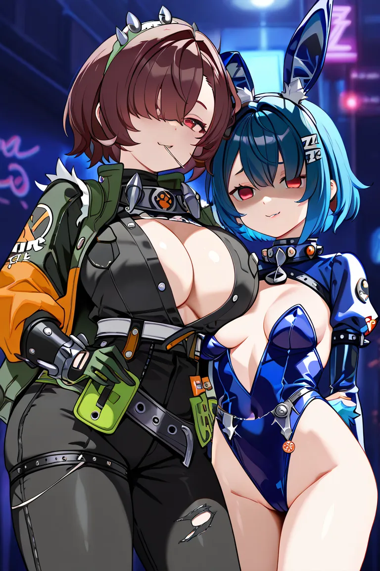 2 girls, A girl with big breasts, blue hair outfit, multicolored blue hair, detailed eyes,  Yandere expression , mischievous smile, blue glove,  short hair tips, hair over one eye, Blue uniform with open buttons between the breasts, crossover da Personagem...