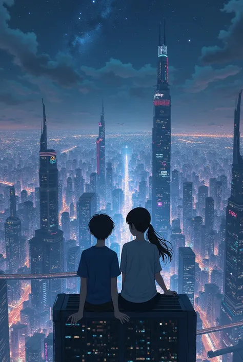 Anime city  landscape at night , one adult boy and one adult girl sitting in a top of building 