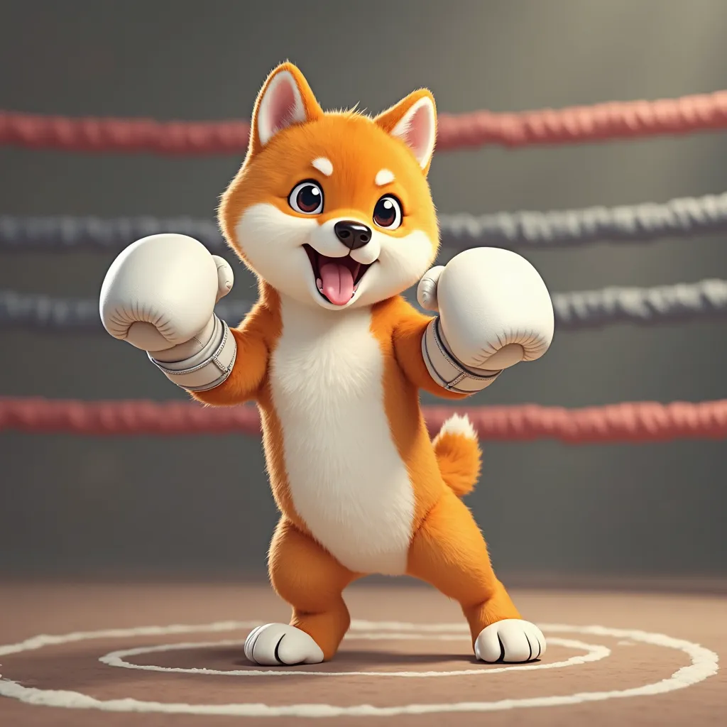 Shiba Inu puppy stanfing, photos, high quality, Genuine,Shiba Inu, I'm wearing white boxing gloves、右手でhook punchをしている、hook punch：, you're punching a strong horizontal punch, you're hitting a bag