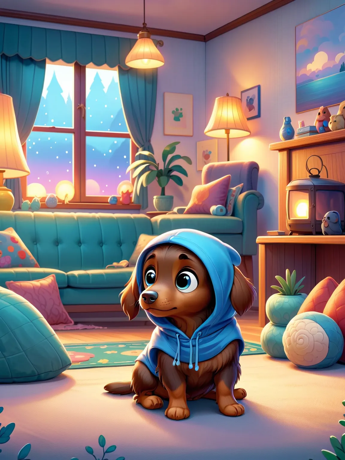 Cute Sausage Dog，Brown eyes and blue hoodie，The Look of Crying， Awesome Picture 