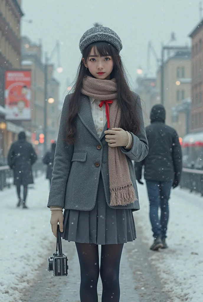 ultra-realistic, photorealistic, dramatic scene, shadow, global-illumination, solo, (age Japanese famous idol girl), very beautiful fragile Japanese girl, very beautiful with very cute but boyish cool face, (very large breasts), slim waist, (wearing a gray...