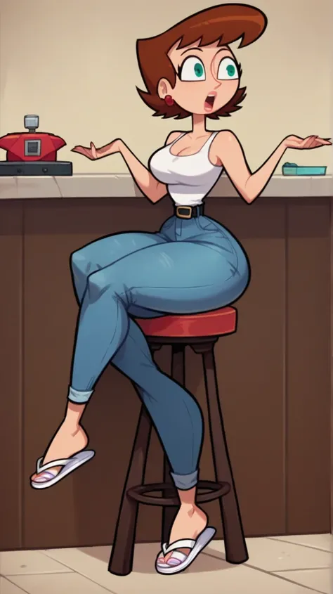 score_9, score_8_up, score_7_up, 1girl, brown hair, short hair, green eyes, large breasts, narrow waist, wide hips, high quality, masterpiece,full body,tight thicc jeans, thicc fat ass,black belt,(((White mini fitted tank top))),(((white flip flops))), sit...