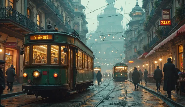 Victorian aesthetics and steampunk city bus station, fantasy movie scene, lively city atmosphere,  haze,  mysterious lighting, complex and detailed architecture, super-detailed bustling streets, Clear pattern, work of art, work of art, highly detailed and ...