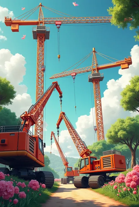 Create creative for holiday of fire in spring day, using construction equipment of autocranes, excovators, and so on