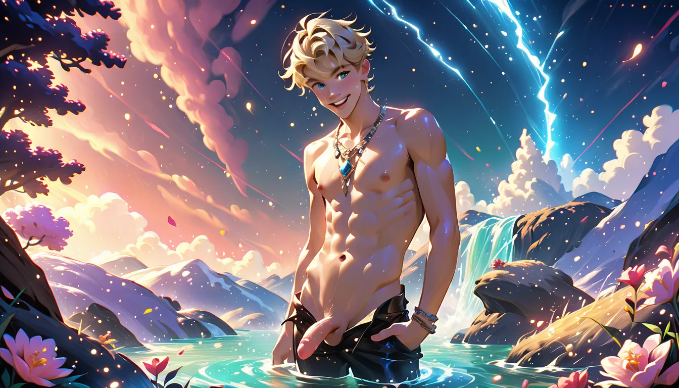 A very skinny fantasy boy aged 20 years old, wearing fantasy jewels, athletic slim body with flat abs, fantastic fantasy stylelong black and blonde hair, smooth skin, he is naked, thin legs, sweet face xpression, while he is under the waterfall washing, he...