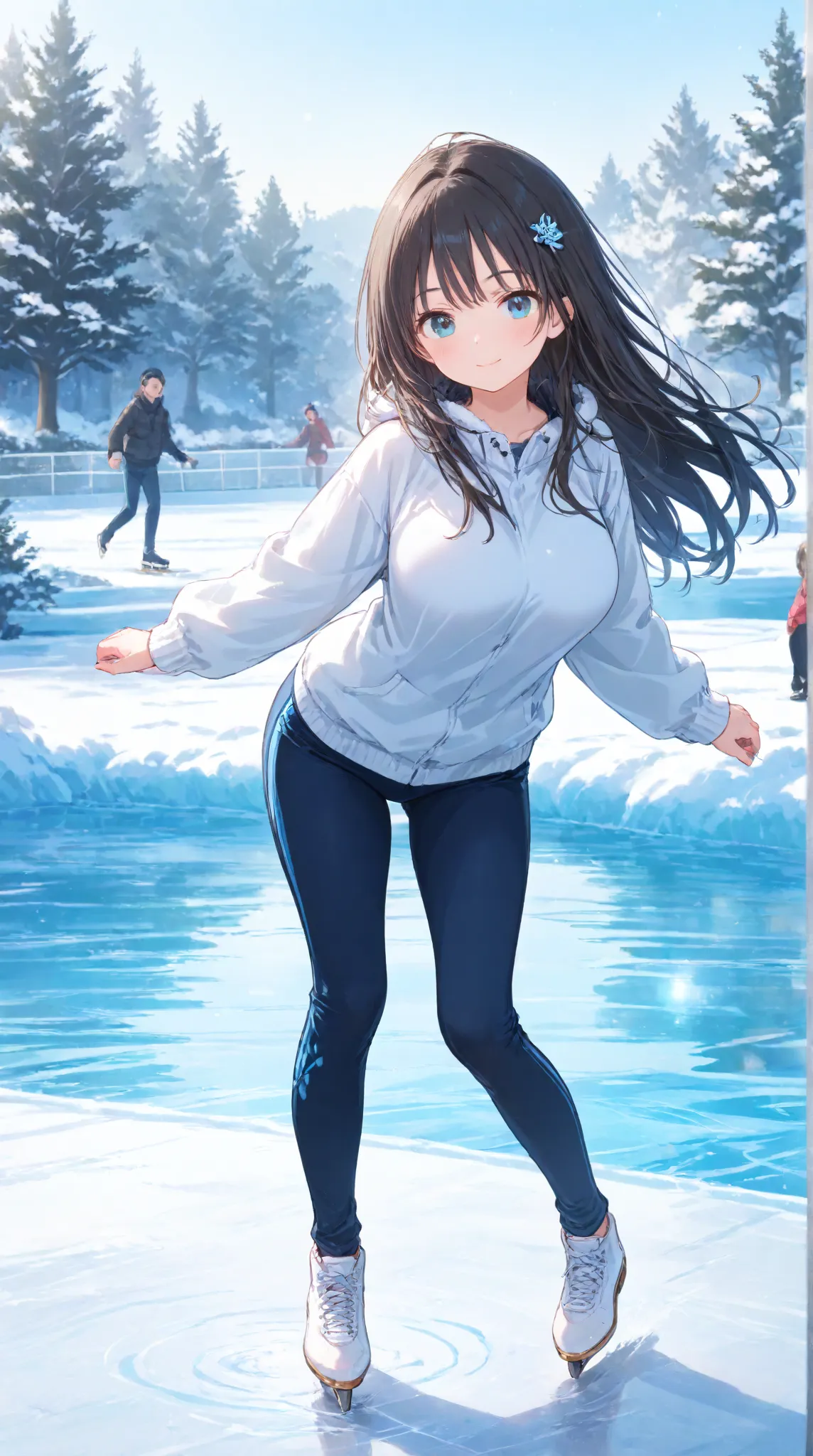 masterpiece,large breasts, long hair, (black hair1.5) , bangs, （1girl1.5）, 青リボン、Blue hairs ornament, 18 years old、breast focus、looking at viewer，full body，　ice skating, skaters gliding gracefully on frozen lake, ren learning to skate, warm winter clothing,...