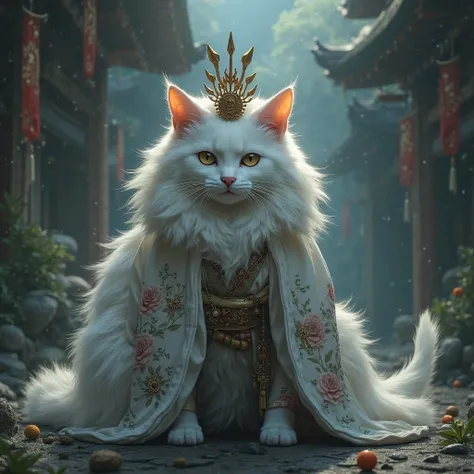 An image of a white-haired female cat dressed as Himiko、An image of a white female cat wearing a hooded coat、A design with a mysterious and elegant atmosphere from the Yayoi period。