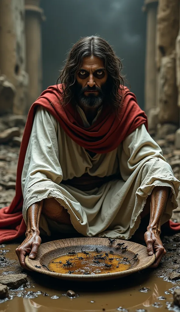 "A highly detailed and realistic image of Jesus Christ, extremely thin, almost skeletal, sitting on the ground in the mud. His sunken eyes and hollow cheeks convey deep sorrow as he stares directly into the camera with an intense, unwavering gaze, as if si...