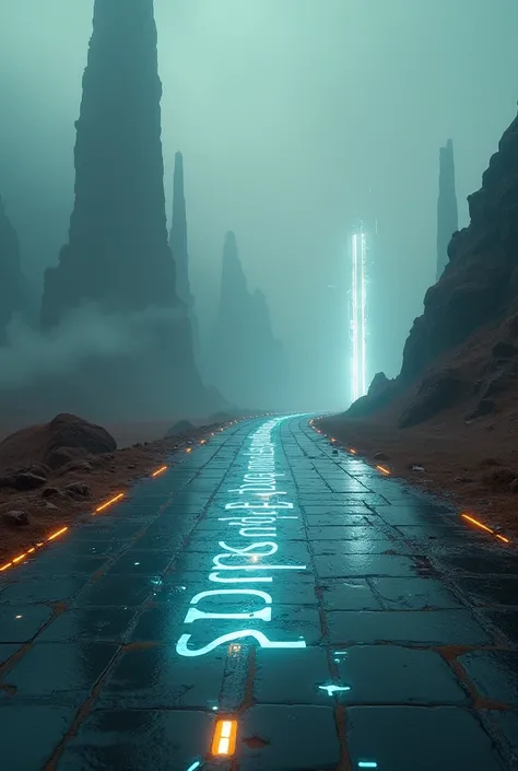 create a mysterious Future Road with Sentient Text on the road