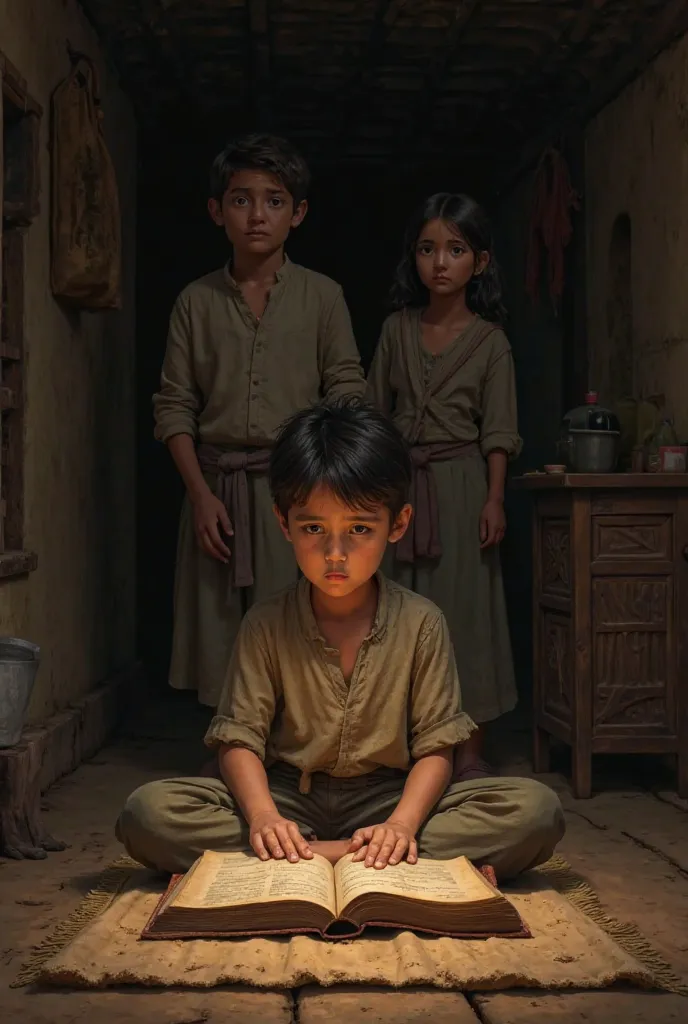 A young boy sitting on a worn-out mat inside a simple home, studying an old book under dim light. His parents, wearing simple clothes, look concerned in the background.