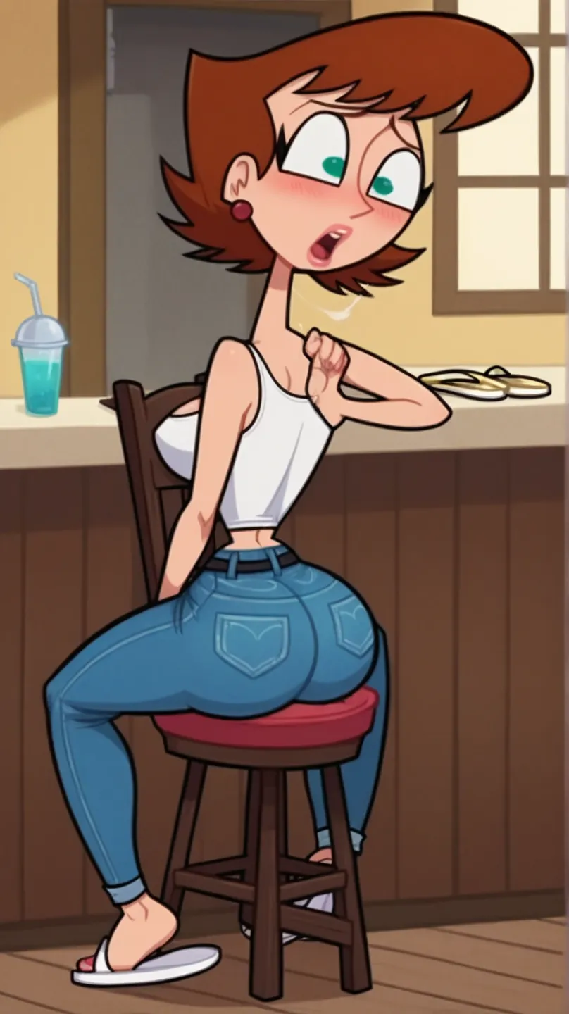 score_9, score_8_up, score_7_up, 1girl, brown hair, short hair, green eyes, large breasts, narrow waist, wide hips, high quality, masterpiece,full body,tight thicc jeans, thicc fat ass,black belt,(((White mini fitted tank top))),(((white flip flops))), sit...