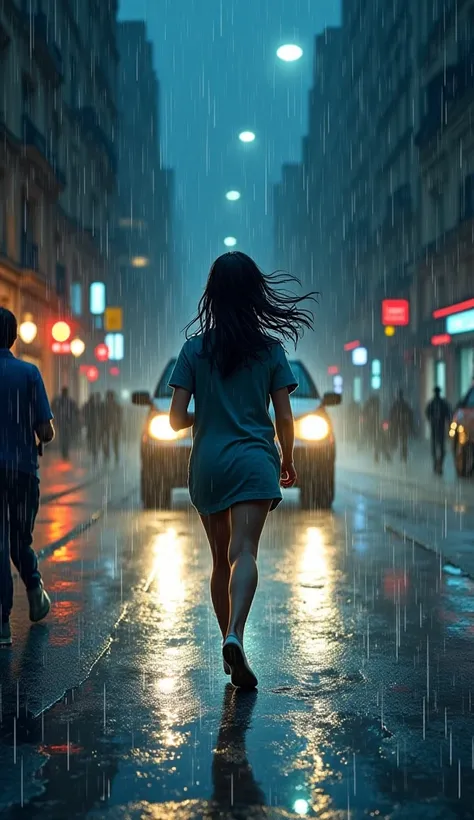 On a rainy night, the girl ran across the wet street, her wet locks flying with every step. Her breath was racing, and her clothes were sticking to her body due to the heavy rain. . Drops of water falling around her, reflecting the light of the dim lamps, ...