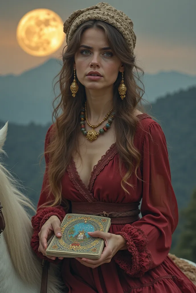 A brunette fortune teller, of slightly tanned skin and expressive eyes, tarot deck is standing on a mountain with the full moon in the background,  surrounded by a mystical environment  . She wears an embroidered scarf on her head, gold earrings and a bloo...