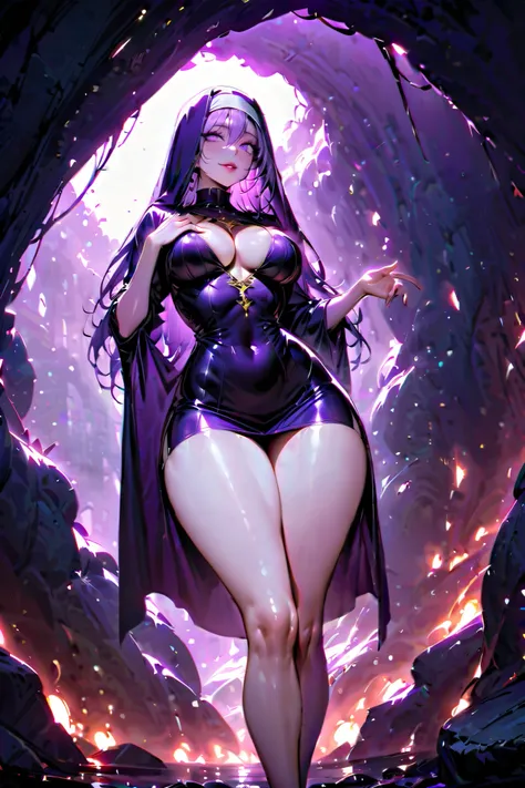  Young and beautiful woman ,(t-shirt, Extremely detailed description , Incredibly absurd high resolution, Curvy legs ),(shiny skin, shiny skin,Cave),(clergy,Intricate shiny nun's clothing),eyelash,( An anatomically accurate representation of purple eyes ,c...