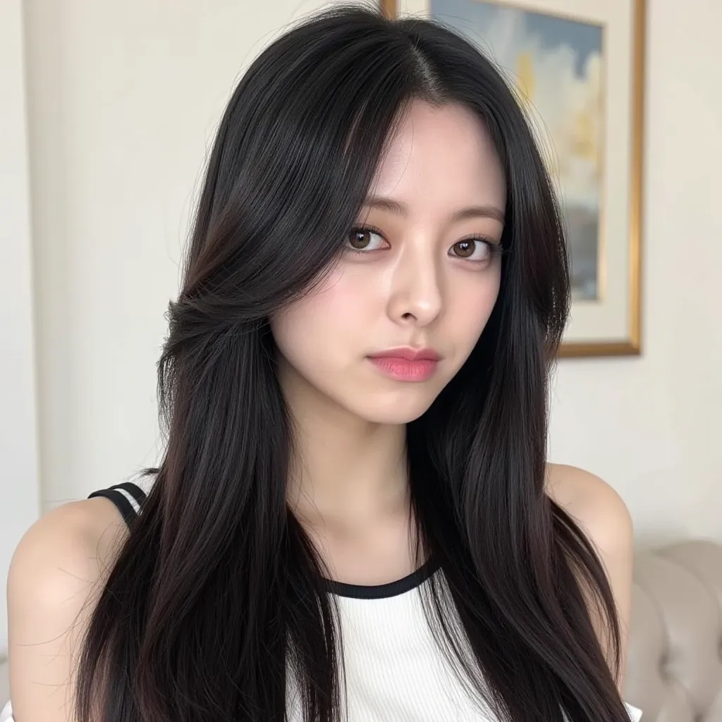 Silky smooth black hair、 hairstyle is straight、Long hair up to chest、ponytail