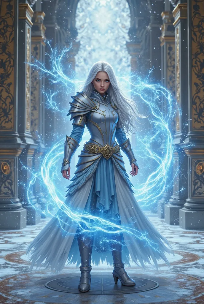 girl with ice magic, in armor, at the Academy of Magical Arts, ice needles and a blizzard all around,  book cover 