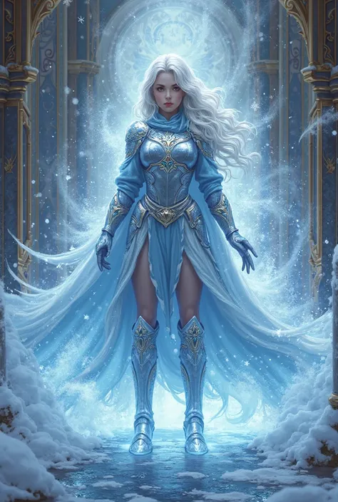 girl with ice magic, in armor, at the Academy of Magical Arts, ice needles and a blizzard all around,  book cover 