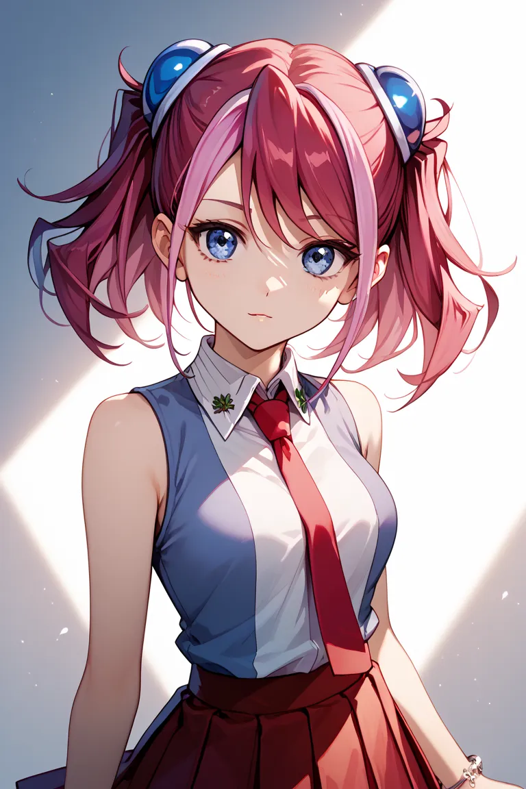 yuzu hiiragi, blue eyes, hair ornament, medium hair, multicolored hair, pink hair, red hair, streaked hair, twintails,
bare arms, bracelet, collared shirt, jewelry, necktie, pleated skirt, red necktie, red skirt, shirt, skirt, sleeveless, sleeveless shirt,...