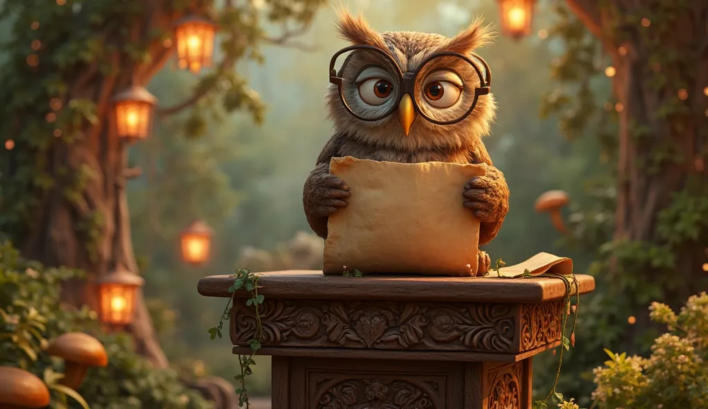 A wise old owl perches gracefully on a beautifully carved wooden podium, its rich brown feathers slightly ruffled with age. The owl has large, expressive eyes, filled with wisdom and kindness, peering through a pair of small, round glasses perched delicate...