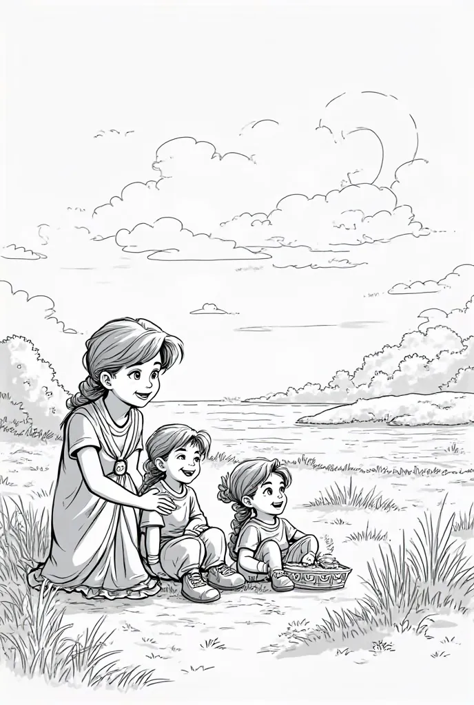 La famille admire le trésor sous un coucher de soleil.

Dessine la famille souriante, regardant les objets du coffre.
En arrière-plan, un beau coucher de soleil avec la nature autour. Faire cette dessin monochrome plus facile a reprouire