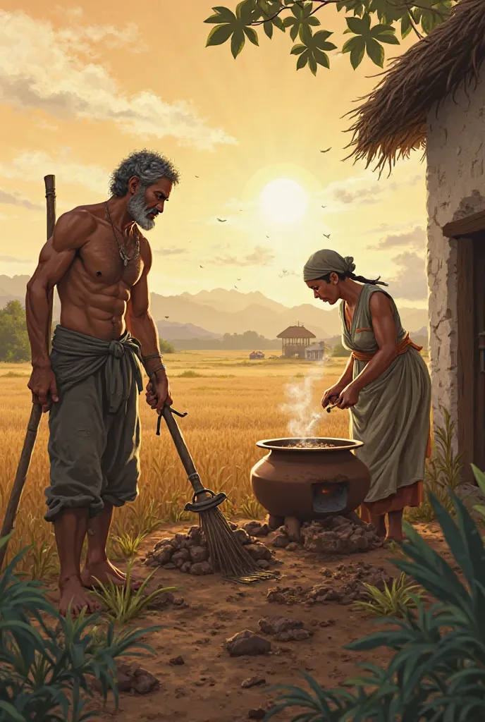 A hardworking farmer plowing a field under the hot sun, while a mother inside a small house is cooking on a clay stove. The atmosphere is humble but full of determination.