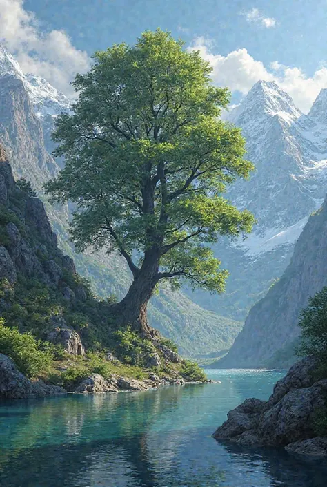 Mountains,a big green tree on mountain,water