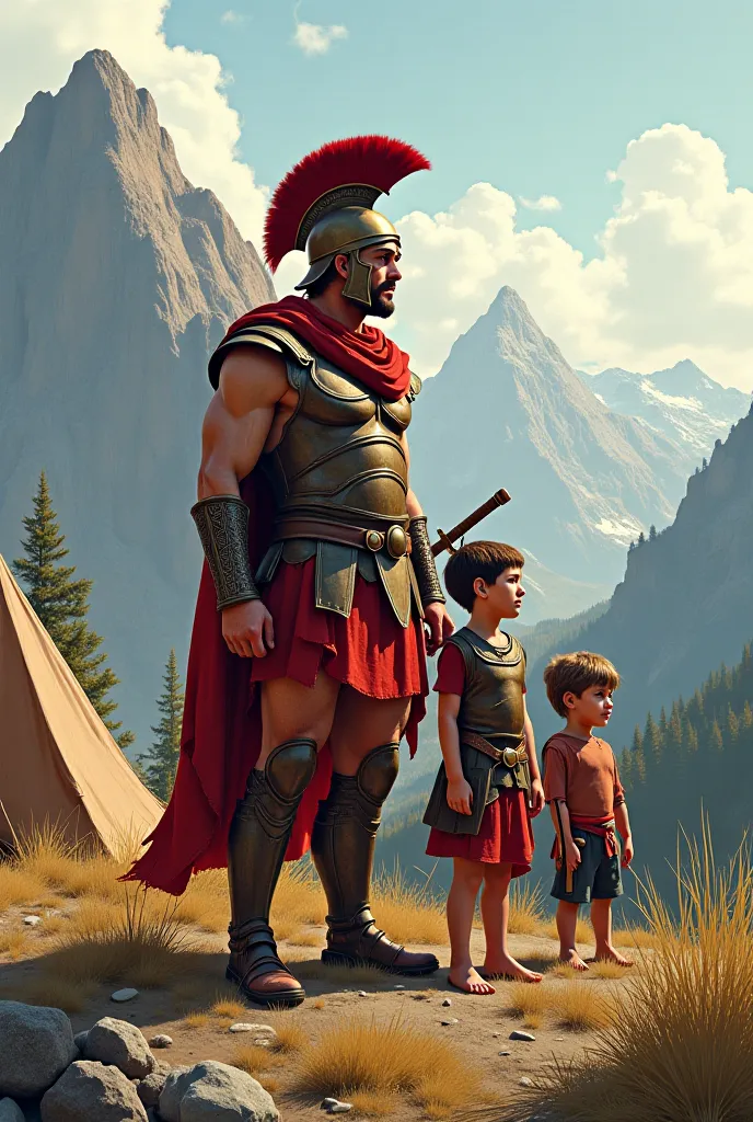 Generate a Spartan from the movie 300 with his son and wife camping with a tent