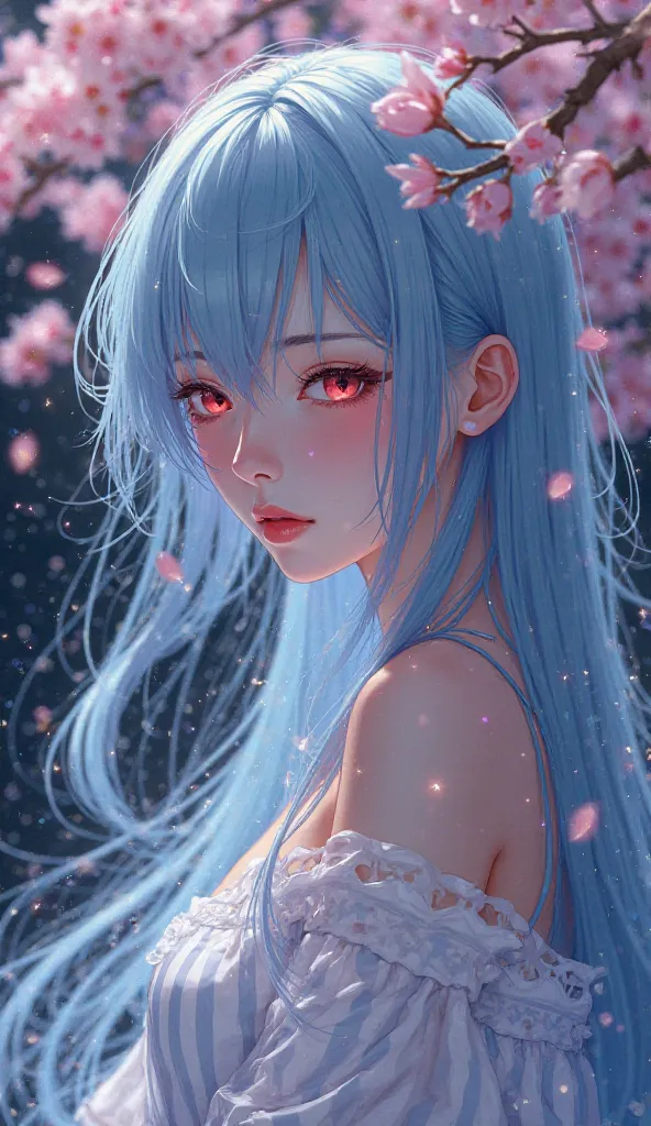 Using stripes, Manga, a mysterious girl with long hair of light blue, flowing in nature, gently reflecting light, mysterious red eyes, powerful and captivating like jewels, show calm and charming mood. Subtle smooth skin reflects light from the surrounding...