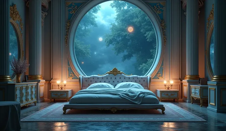 universe space。Fantastic and mysterious。Sleep comfortably in a mysterious space。Baroque style bedroom empty。No people
