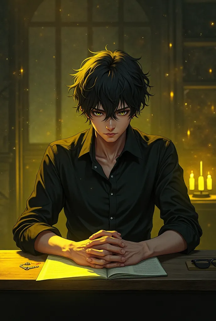 "A mysterious male anime-style character sitting at a desk. He wears a black shirt, (don't wear glasses). He is looking straight ahead. The background has a dark and glowing yellow colour