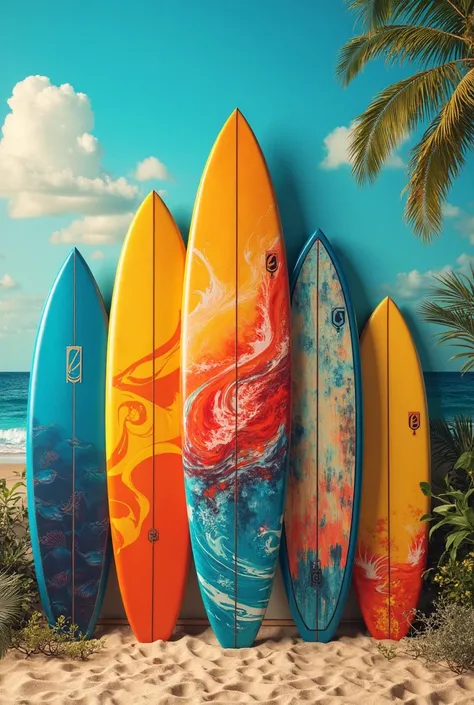 front image of several surfboards 