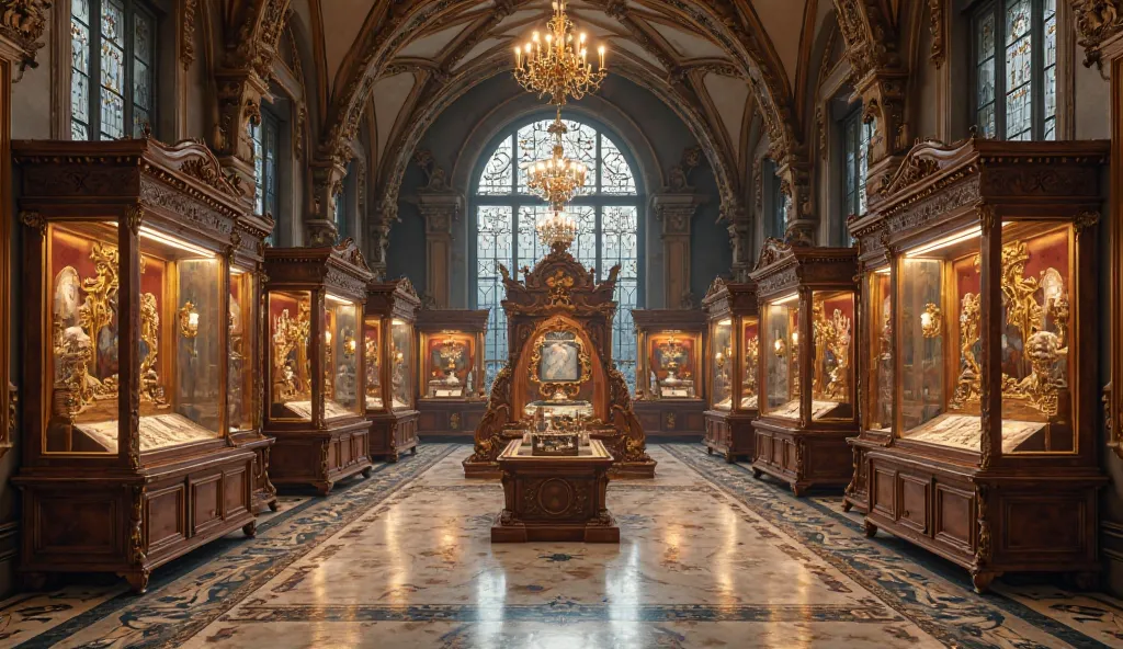 antique-filled museum,prominently featuring the letter A,high arched ceilings,ornate marble floors,dimly lit with warm lighting,ornate antique furniture,intricately detailed display cases,large stained glass windows,elegant chandeliers,meticulously curated...