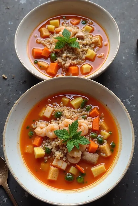 Generate 3 images for each plate:
Option one tomato soup with pieces of pork and pineapple option 2 shrimp soup with rice vinaigrette and pieces of vegetables option 3 vegetarian soup with tofu carrot and caramelized onions