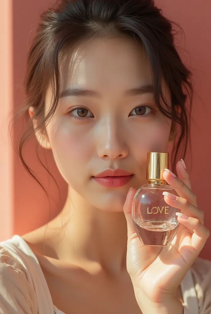 A Japanese woman holds a perfume bottle in one hand， Place it next to your face ， please take a picture 。 Make sure the photo shows the razor brand。， ADVERTISING CAMPAIGN ，h3h3，Taoism，Shot of，Beauty Retouching，Cool and bright tones，Dua Lipa ，Official produ...