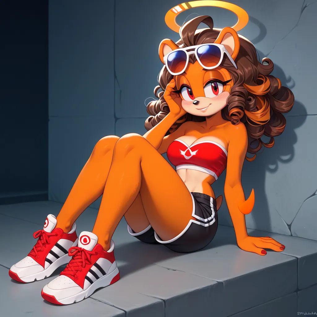 solo, mobian, hedgehog, two-tone fur ((orange fur, brown fur)), pyjama elastic shorts, strapless crop top, cleavage, high-top sneakers, two-tone hair (brown hair, black tip)), curly hair, halo, sunglasses, jewelry, red eyes, longeyelashes, red eyes, smile,...