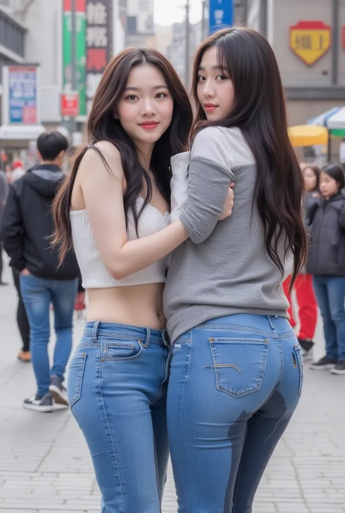 Two beautiful young korean women standing in city crowded street, one of them peeing herself. Shot from the side. piss is flowing in a stream and a wet stain is visible on her pants. she has an amazing skinny body, a thin waist, and a round ass. Her girlfr...