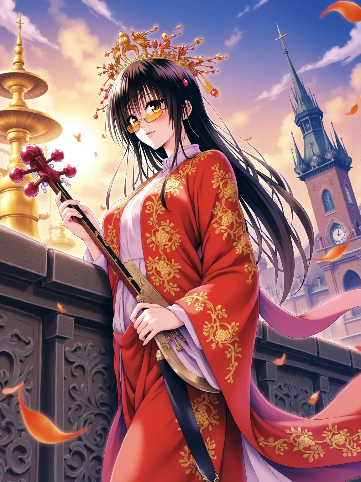 At dusk in Prague's Old Town Square, a young woman in Ming dynasty phoenix crown and rosy cape leans against a Baroque carved stone balustrade. The gilded phoenix crown with pearl tassels sways as she plucks a sandalwood sanxian. Her vermilion cape embroid...