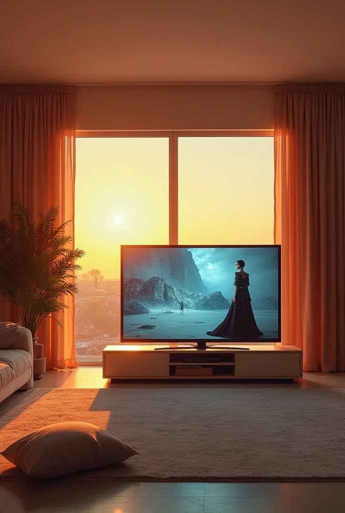 Frontal view of: a large beauty contemporary ambient minimal living room at sun set time, frontal view on tv-set, surreal studio fashion photo, gelatin, studio photo, ambience light, contemporary minimal interior, surreal studio fashion photo, studio photo...