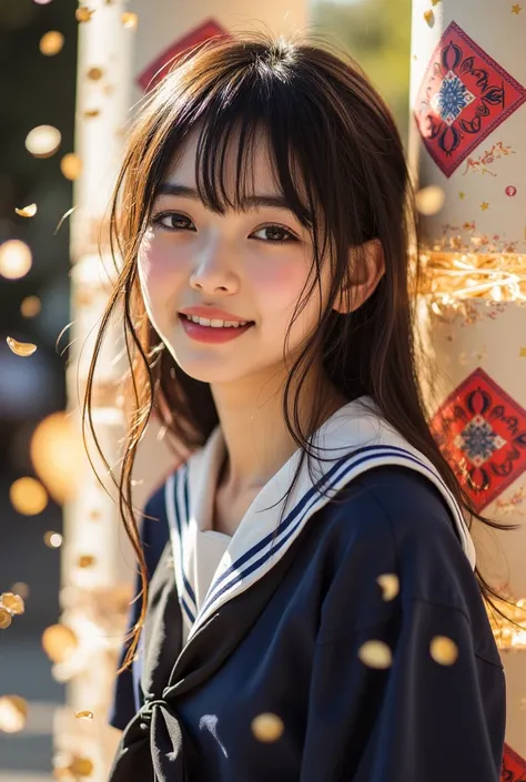 ((Highest quality)), ((傑Highest quality、masterpiece、High sensitivity、High Resolution、detailed description、depicting a delicate face))Slender Woman、glasses、thin eyebrows、with a nice smile、 Happy Expression 、sailor suit、big crackers from the graduation stage...