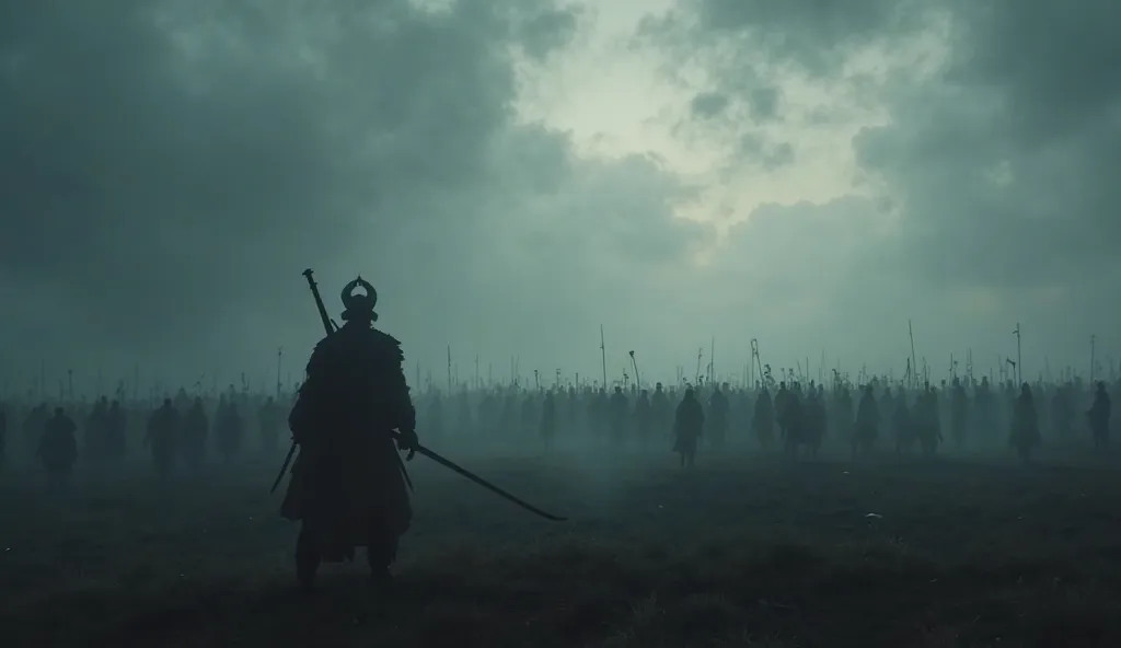 "A dark battlefield under a stormy sky, filled with heavy mist. In the far distance, the silhouettes of thousands of warriors are barely visible. The sound of distant war drums echoes in the background, creating an ominous atmosphere. A shadowy figure of a...