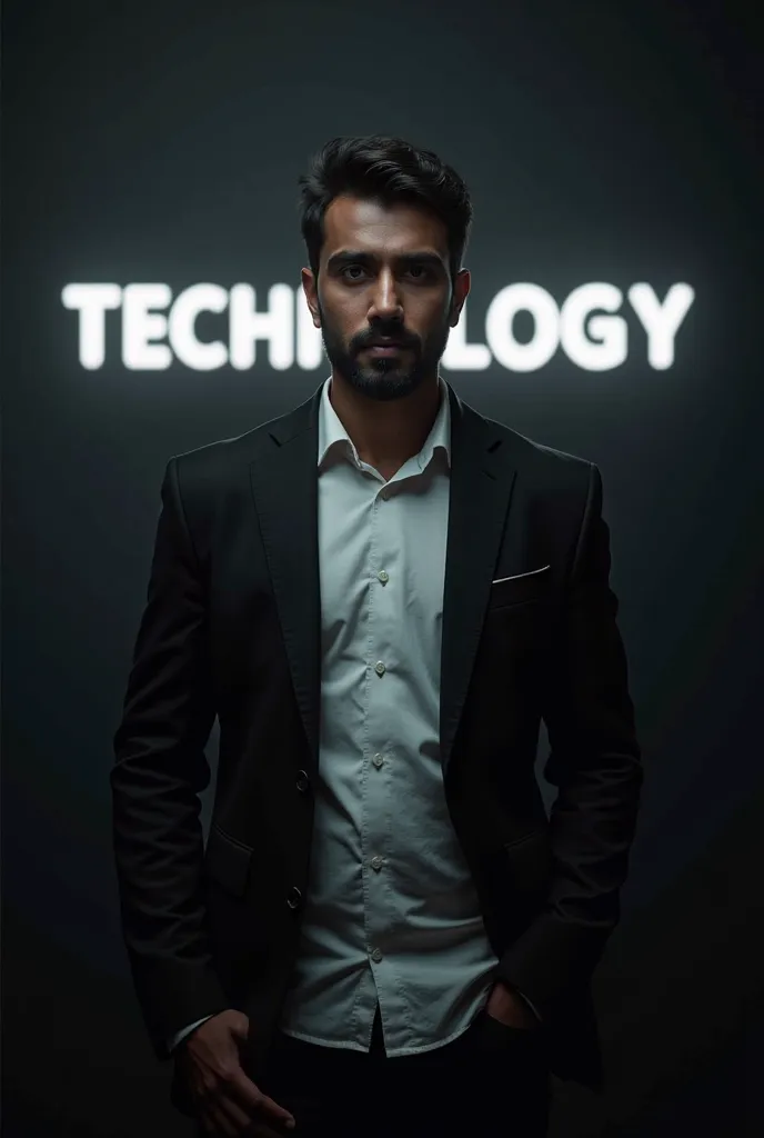 "Create a highly realistic portrait of a 32-year-old Bangladeshi man named 'technology ," standing in a dark room. He is wearing a black blazer and a white shirt. The lighting should be dramatic, focusing on his handsome face with a light stubble, giving h...