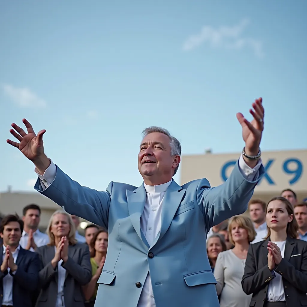 A priest in a light blue suit and white shirt. Sermon outside, The sky blue. While preaching, he looks at the sky and raises both hands towards the sky Many people pray and listen. C3X9 sign in the background