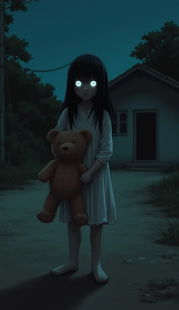 The ghost of a scary girl, , with long black hair, wearing a white dress, big eyes, stands holding an old teddy bear on a wide dirt road. The background is a Thai house, dark night, the atmosphere is like a horror movie. 