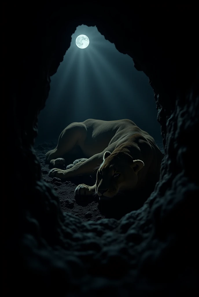 "A first-person POV of peering into the dark cave where Daniel lies surrounded by sleeping lions. Your hands are pressed against the side of the cave opening, shielding your face from the cool night breeze. The camera shows your fingers gripping the edge t...