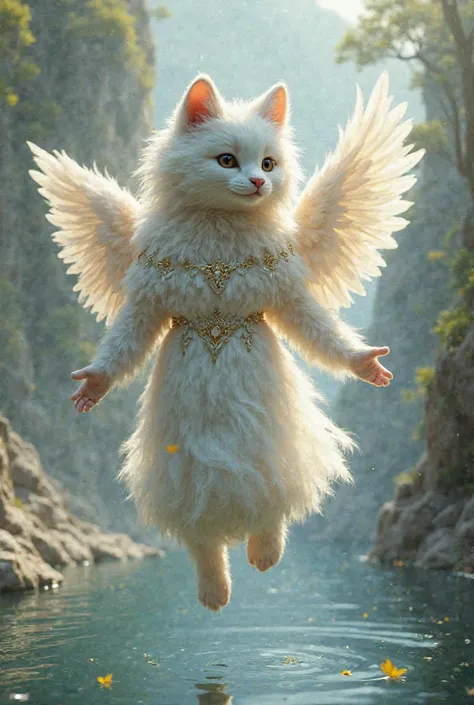 drawn angelic gorgeous furry reaching out to the water while hanging in the air in a gorgeous white dress with gold trim