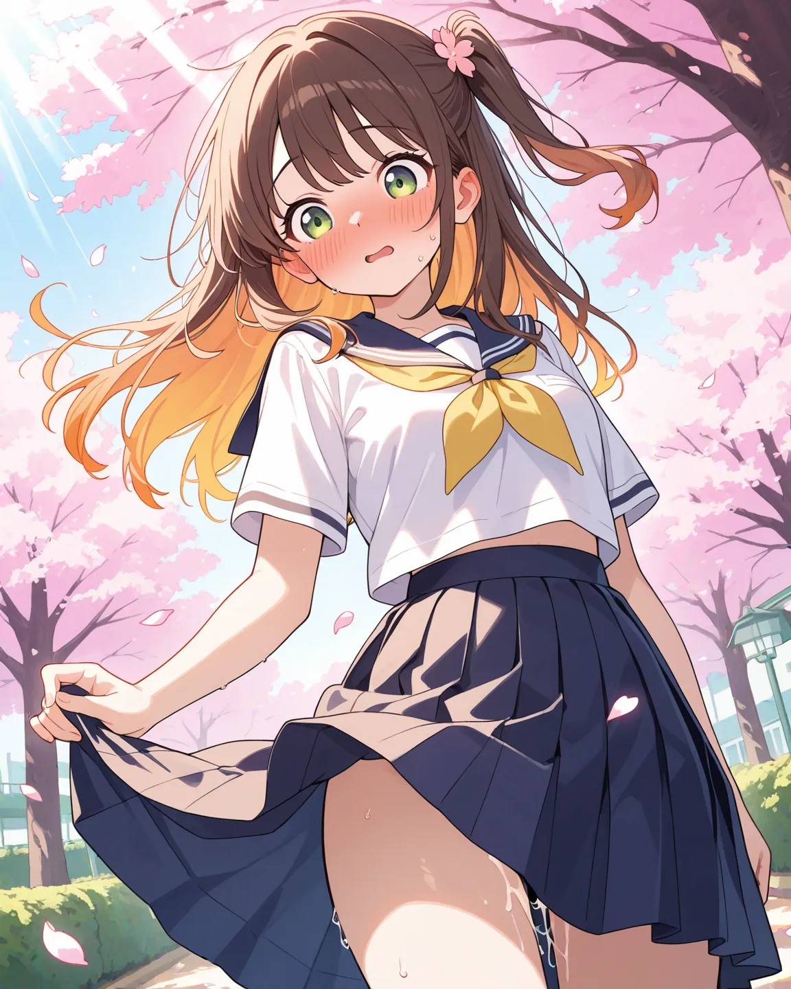 A female high school student who is shy because her skirt is turned over by the wind, anime,