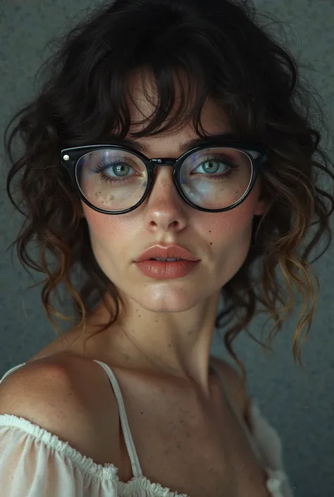 Coated woman with curly hair bangs with small blond lock on the shoulder blue eyes glasses 30 years 