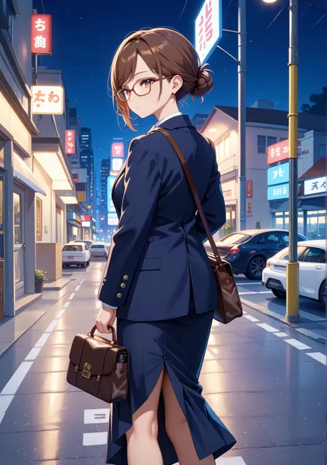 1 girl,office lady,navy skirt,low bun,brown hair,brown eye,short hair,swept bangs,night,city, Road Ground,Returning Home,walk,navy jacket ,bag, expressionless,Suspicious store,Looks sleepy, back view,Glasses